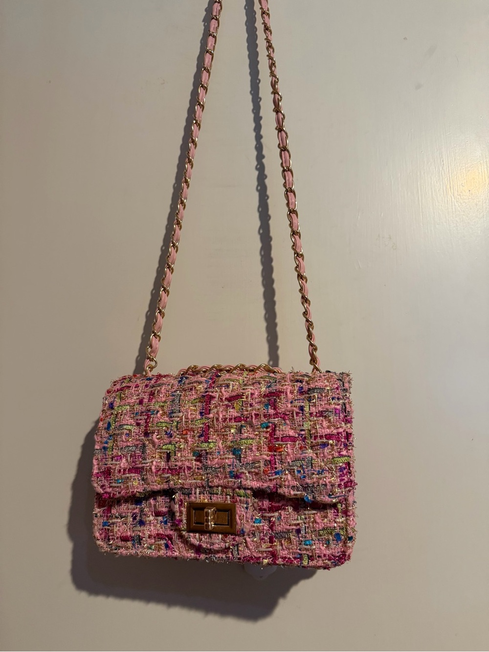 Source Unknown Pink Tweed Chain Crossbody Bag with Gold Hardware